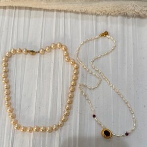 Classic Pearl Necklace Set - Cream Pearls with Gold Accents